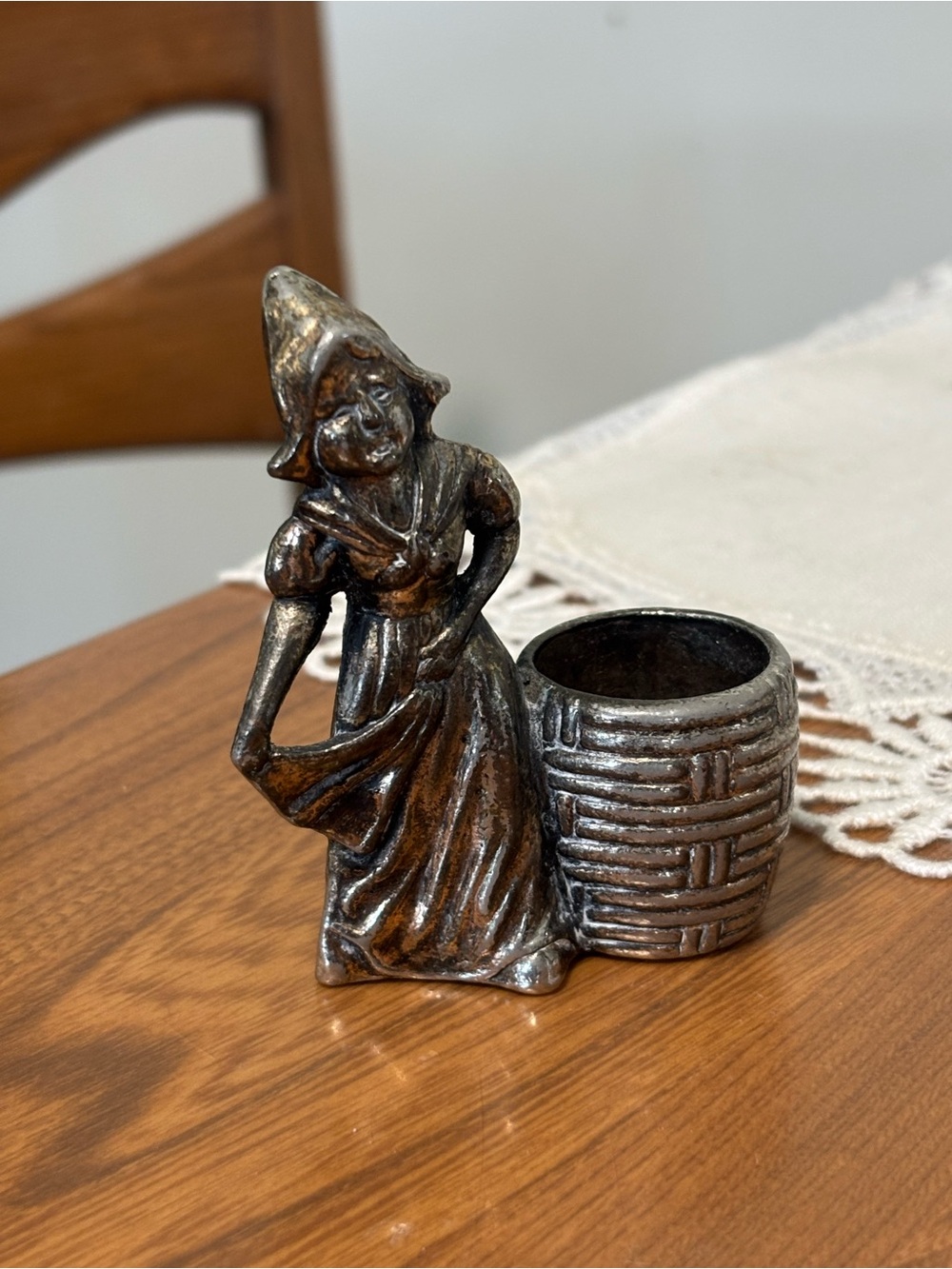 Vintage German Zinn 95% Pewter Lady & Barrel Toothpick Holder